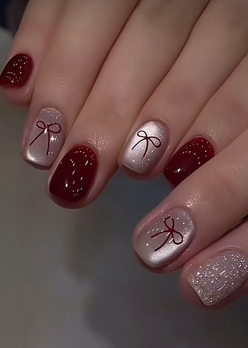 Burgundy Bow & Glitter Nails 🎀🍷BUY 1 GET 1 FREE NAIL SET