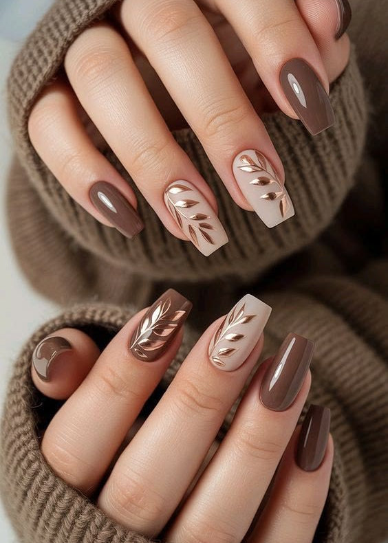 Mocha Leaf Elegance Nails 🤎✨BUY 1 GET 1 FREE