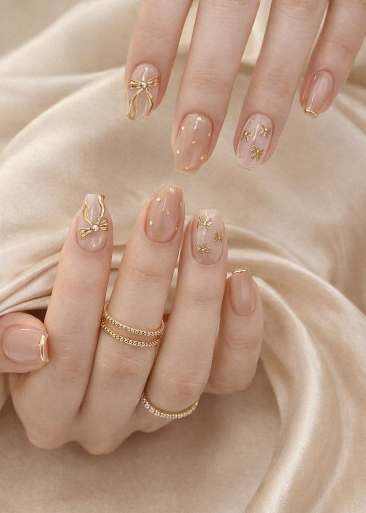 Golden Bow Nude Nails 🎀✨
