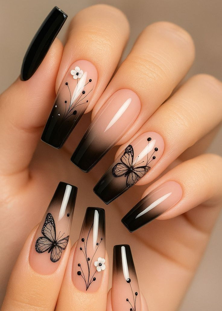 Black Butterfly Glam Nails 🦋✨