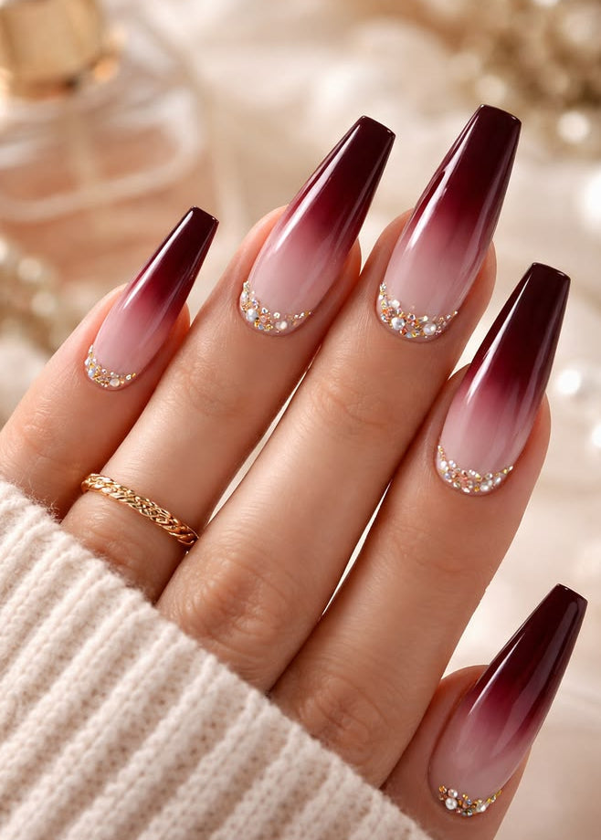 Burgundy Ombre Crystal Nails 🍷✨ Limited sets BUY 1 GET 1 FREE