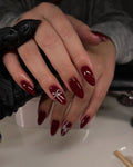 Burgundy Almond Press On Nails – Glossy Maroon Fake Nails with Bow Design | Reusable Bridal Party Nails Set